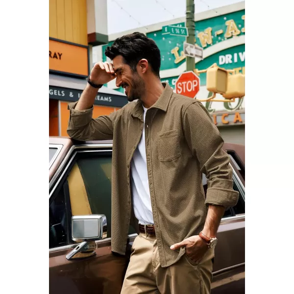 imagePJ PAUL JONES Mens Button Down Shirt Texture Wrinkle Free Shirts Long Sleeve Waffle Untucked ShirtCamel