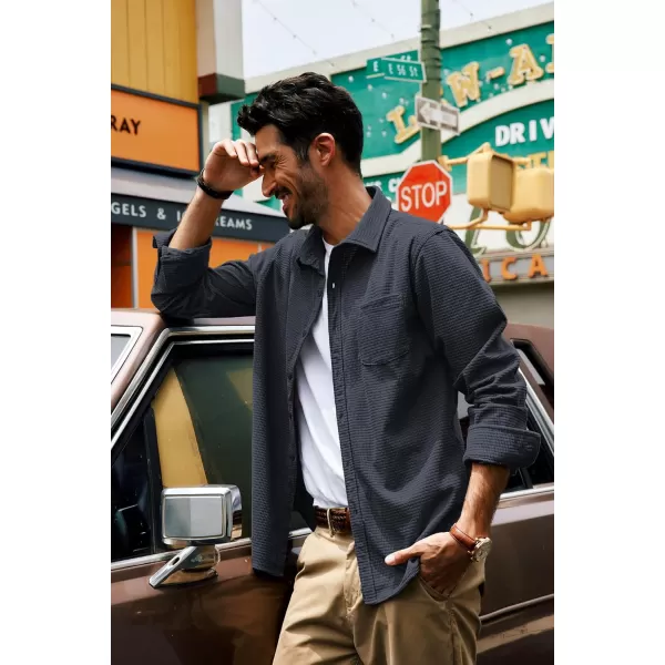 imagePJ PAUL JONES Mens Button Down Shirt Texture Wrinkle Free Shirts Long Sleeve Waffle Untucked ShirtCarbon Black
