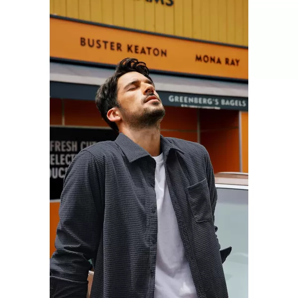 imagePJ PAUL JONES Mens Button Down Shirt Texture Wrinkle Free Shirts Long Sleeve Waffle Untucked ShirtCarbon Black