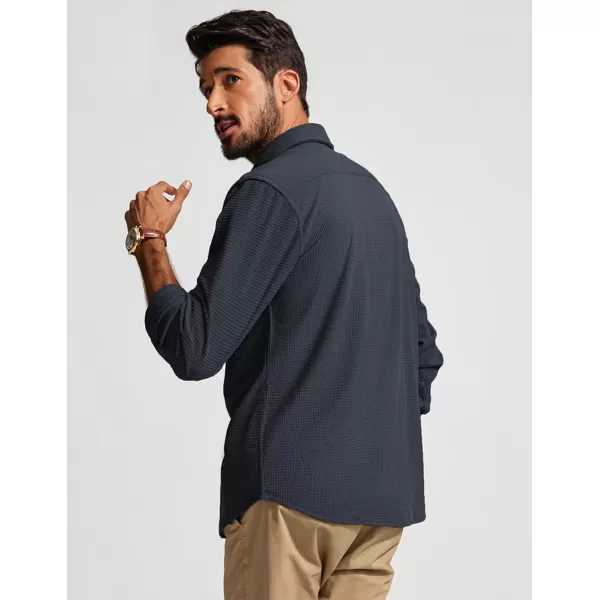 imagePJ PAUL JONES Mens Button Down Shirt Texture Wrinkle Free Shirts Long Sleeve Waffle Untucked ShirtCarbon Black