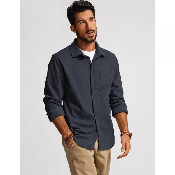 imagePJ PAUL JONES Mens Button Down Shirt Texture Wrinkle Free Shirts Long Sleeve Waffle Untucked ShirtCarbon Black