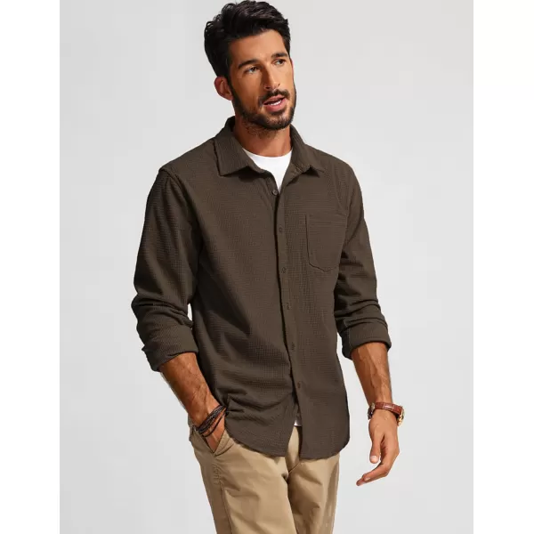 imagePJ PAUL JONES Mens Button Down Shirt Texture Wrinkle Free Shirts Long Sleeve Waffle Untucked ShirtCoffee