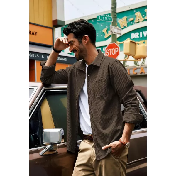 imagePJ PAUL JONES Mens Button Down Shirt Texture Wrinkle Free Shirts Long Sleeve Waffle Untucked ShirtCoffee