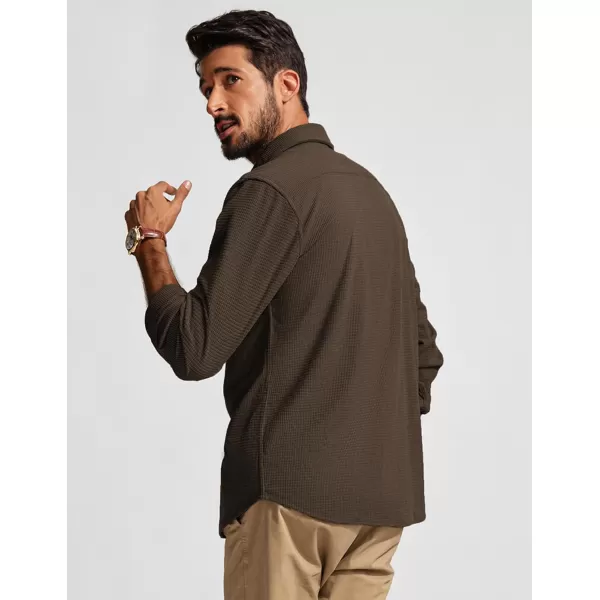 imagePJ PAUL JONES Mens Button Down Shirt Texture Wrinkle Free Shirts Long Sleeve Waffle Untucked ShirtCoffee