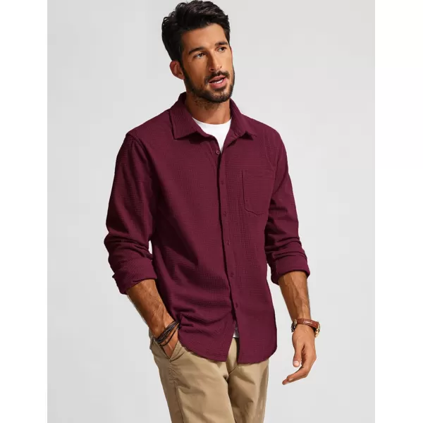 imagePJ PAUL JONES Mens Button Down Shirt Texture Wrinkle Free Shirts Long Sleeve Waffle Untucked ShirtDark Red