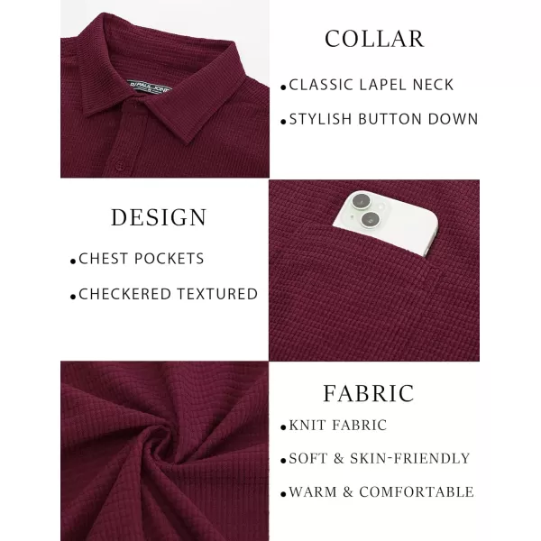 imagePJ PAUL JONES Mens Button Down Shirt Texture Wrinkle Free Shirts Long Sleeve Waffle Untucked ShirtDark Red