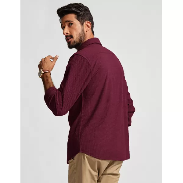 imagePJ PAUL JONES Mens Button Down Shirt Texture Wrinkle Free Shirts Long Sleeve Waffle Untucked ShirtDark Red