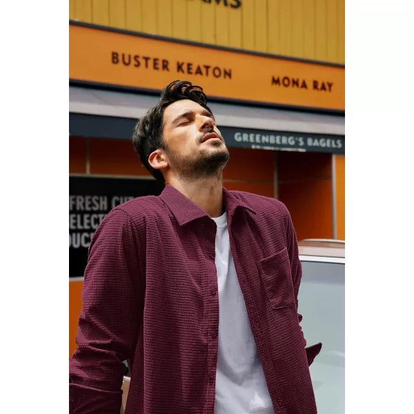 imagePJ PAUL JONES Mens Button Down Shirt Texture Wrinkle Free Shirts Long Sleeve Waffle Untucked ShirtDark Red