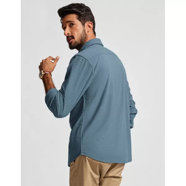 imagePJ PAUL JONES Mens Button Down Shirt Texture Wrinkle Free Shirts Long Sleeve Waffle Untucked ShirtSky Blue