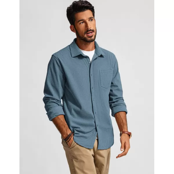 imagePJ PAUL JONES Mens Button Down Shirt Texture Wrinkle Free Shirts Long Sleeve Waffle Untucked ShirtSky Blue