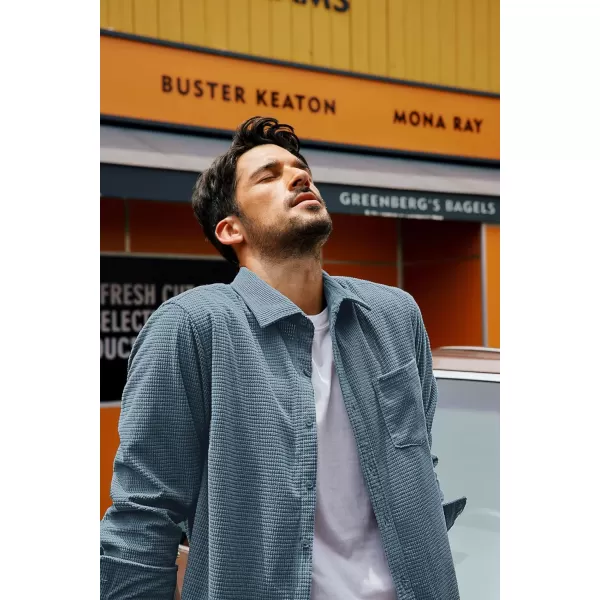 imagePJ PAUL JONES Mens Button Down Shirt Texture Wrinkle Free Shirts Long Sleeve Waffle Untucked ShirtSky Blue