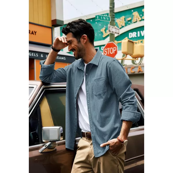 imagePJ PAUL JONES Mens Button Down Shirt Texture Wrinkle Free Shirts Long Sleeve Waffle Untucked ShirtSky Blue