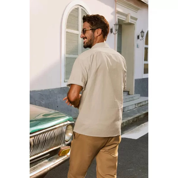 imagePJ PAUL JONES Mens Casual Button Down Shirts Short Sleeve Cotton Shirt Cuban Summer Vacation Shirts with PocketApricot