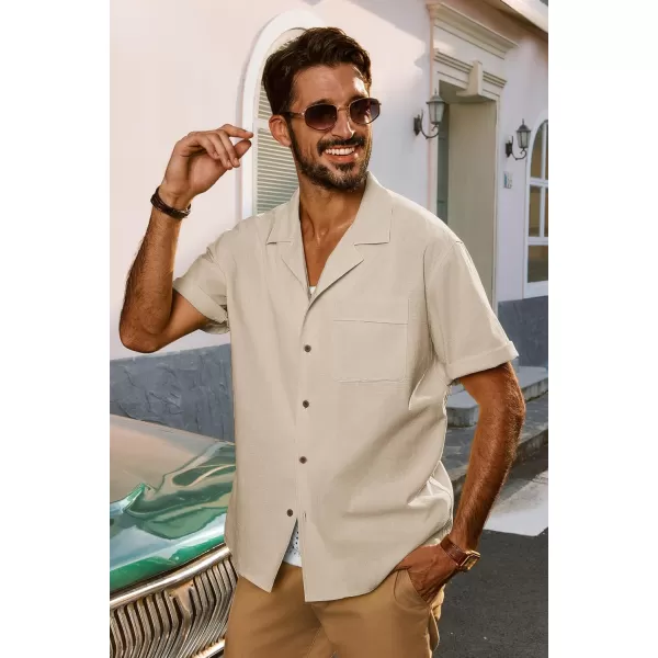 imagePJ PAUL JONES Mens Casual Button Down Shirts Short Sleeve Cotton Shirt Cuban Summer Vacation Shirts with PocketApricot