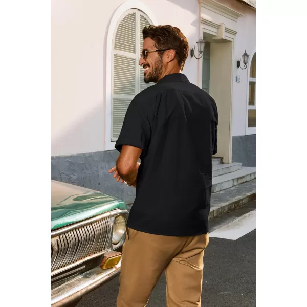 imagePJ PAUL JONES Mens Casual Button Down Shirts Short Sleeve Cotton Shirt Cuban Summer Vacation Shirts with PocketBlack