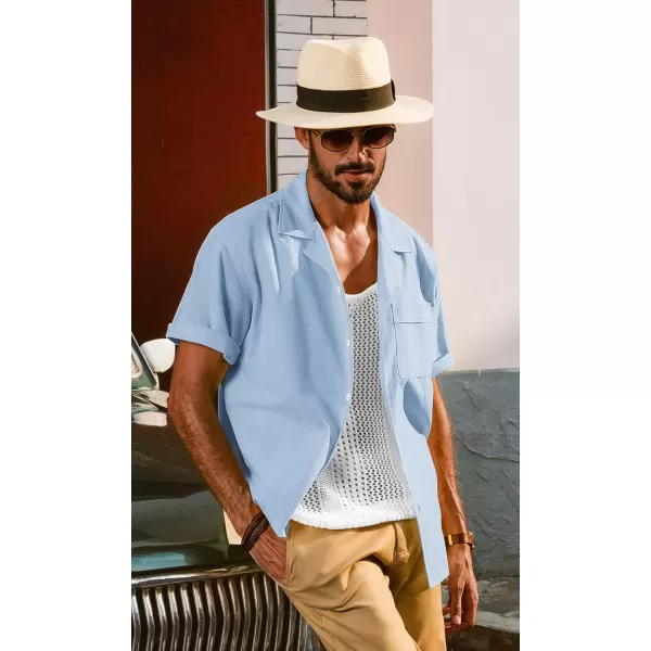 imagePJ PAUL JONES Mens Casual Button Down Shirts Short Sleeve Cotton Shirt Cuban Summer Vacation Shirts with PocketBlue