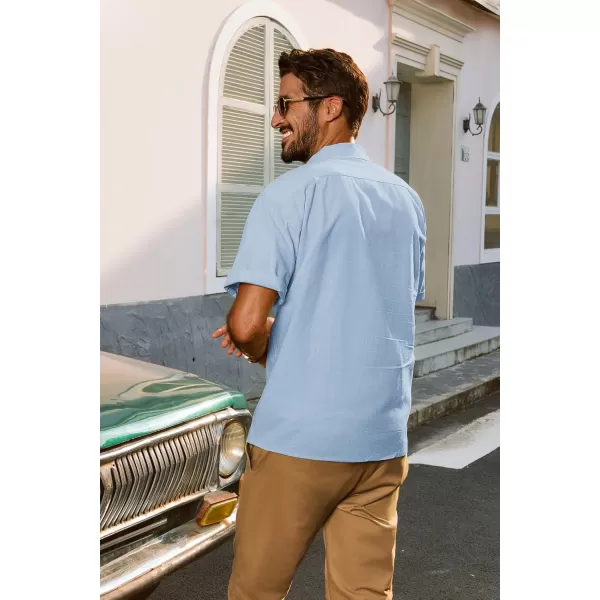 imagePJ PAUL JONES Mens Casual Button Down Shirts Short Sleeve Cotton Shirt Cuban Summer Vacation Shirts with PocketBlue