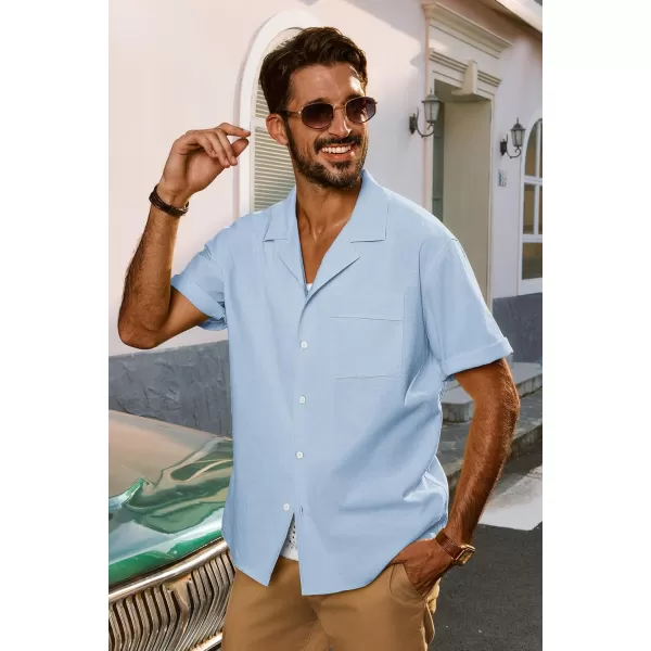 imagePJ PAUL JONES Mens Casual Button Down Shirts Short Sleeve Cotton Shirt Cuban Summer Vacation Shirts with PocketBlue