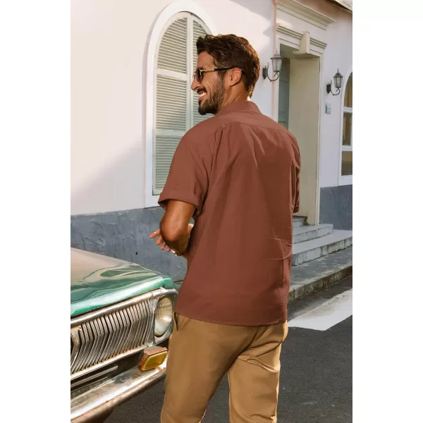 imagePJ PAUL JONES Mens Casual Button Down Shirts Short Sleeve Cotton Shirt Cuban Summer Vacation Shirts with PocketBrown