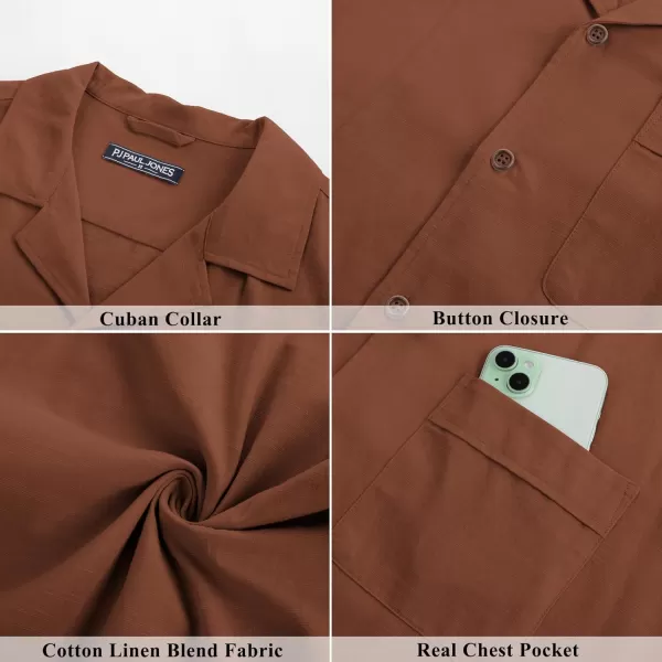 imagePJ PAUL JONES Mens Casual Button Down Shirts Short Sleeve Cotton Shirt Cuban Summer Vacation Shirts with PocketBrown