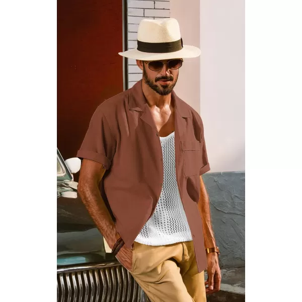 imagePJ PAUL JONES Mens Casual Button Down Shirts Short Sleeve Cotton Shirt Cuban Summer Vacation Shirts with PocketBrown