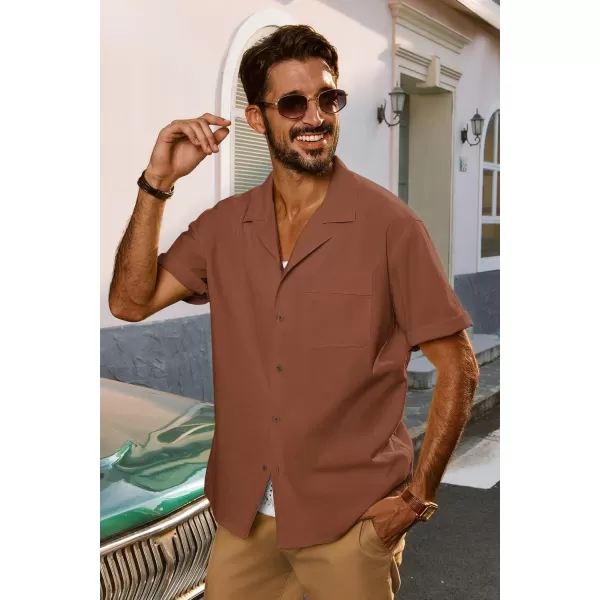 imagePJ PAUL JONES Mens Casual Button Down Shirts Short Sleeve Cotton Shirt Cuban Summer Vacation Shirts with PocketBrown