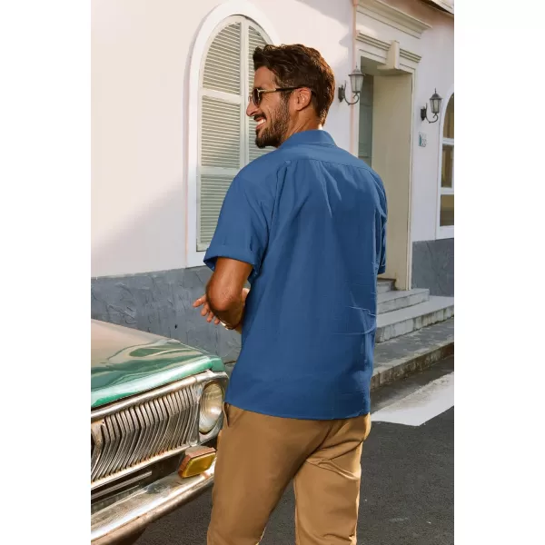 imagePJ PAUL JONES Mens Casual Button Down Shirts Short Sleeve Cotton Shirt Cuban Summer Vacation Shirts with PocketDenim Blue