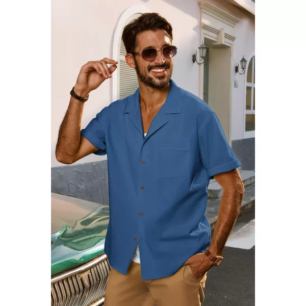 imagePJ PAUL JONES Mens Casual Button Down Shirts Short Sleeve Cotton Shirt Cuban Summer Vacation Shirts with PocketDenim Blue