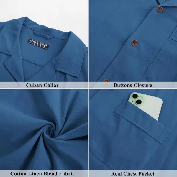 imagePJ PAUL JONES Mens Casual Button Down Shirts Short Sleeve Cotton Shirt Cuban Summer Vacation Shirts with PocketDenim Blue