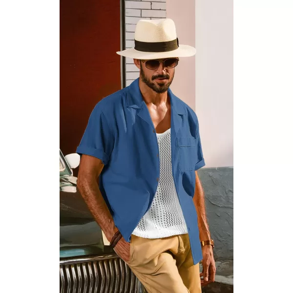 imagePJ PAUL JONES Mens Casual Button Down Shirts Short Sleeve Cotton Shirt Cuban Summer Vacation Shirts with PocketDenim Blue