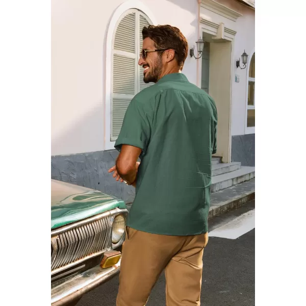 imagePJ PAUL JONES Mens Casual Button Down Shirts Short Sleeve Cotton Shirt Cuban Summer Vacation Shirts with PocketGreen