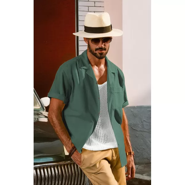 imagePJ PAUL JONES Mens Casual Button Down Shirts Short Sleeve Cotton Shirt Cuban Summer Vacation Shirts with PocketGreen
