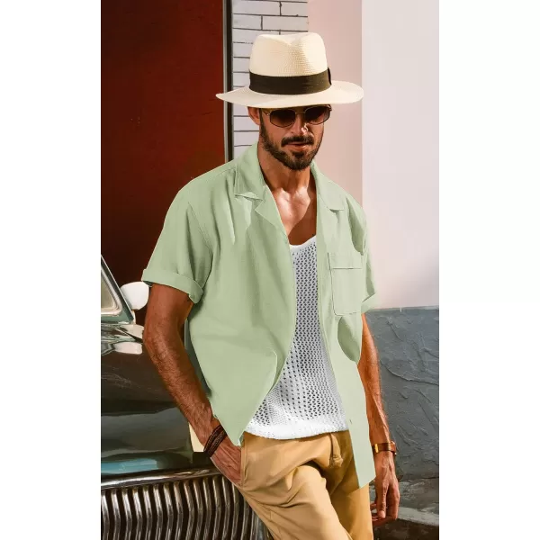 imagePJ PAUL JONES Mens Casual Button Down Shirts Short Sleeve Cotton Shirt Cuban Summer Vacation Shirts with PocketLight Green