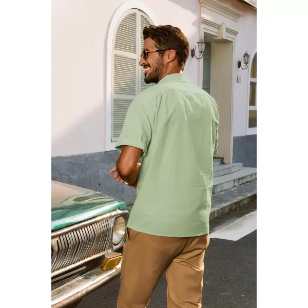 imagePJ PAUL JONES Mens Casual Button Down Shirts Short Sleeve Cotton Shirt Cuban Summer Vacation Shirts with PocketLight Green