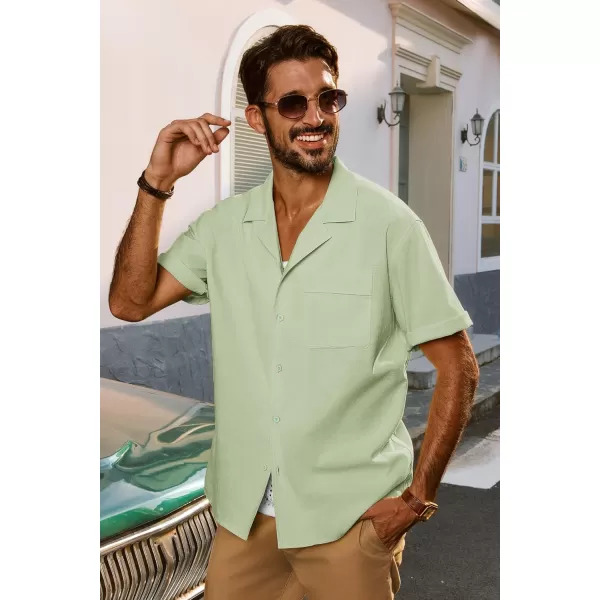 imagePJ PAUL JONES Mens Casual Button Down Shirts Short Sleeve Cotton Shirt Cuban Summer Vacation Shirts with PocketLight Green