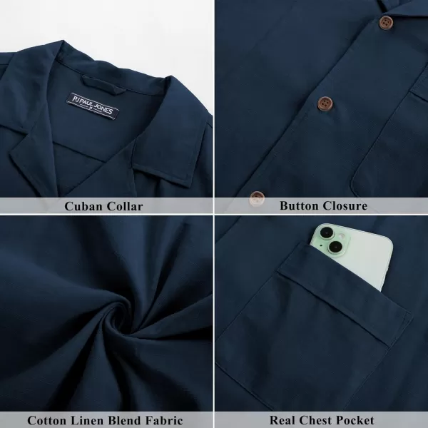 imagePJ PAUL JONES Mens Casual Button Down Shirts Short Sleeve Cotton Shirt Cuban Summer Vacation Shirts with PocketNavy Blue