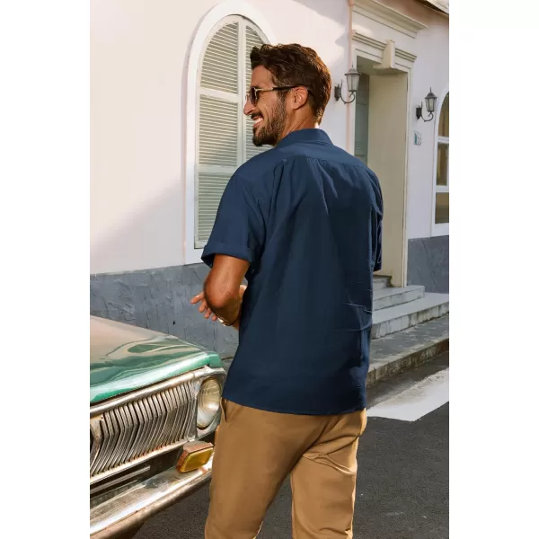 imagePJ PAUL JONES Mens Casual Button Down Shirts Short Sleeve Cotton Shirt Cuban Summer Vacation Shirts with PocketNavy Blue