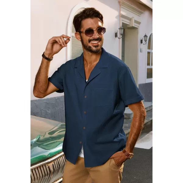 imagePJ PAUL JONES Mens Casual Button Down Shirts Short Sleeve Cotton Shirt Cuban Summer Vacation Shirts with PocketNavy Blue