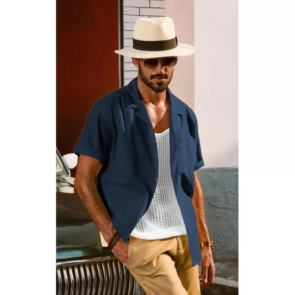 imagePJ PAUL JONES Mens Casual Button Down Shirts Short Sleeve Cotton Shirt Cuban Summer Vacation Shirts with PocketNavy Blue