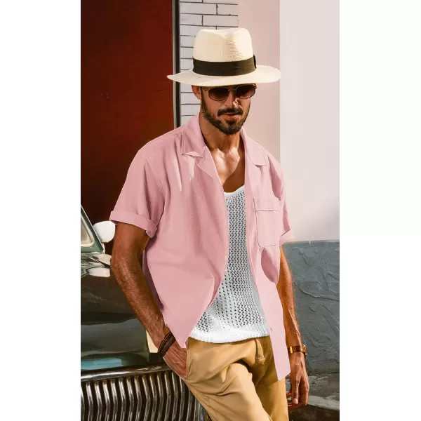 imagePJ PAUL JONES Mens Casual Button Down Shirts Short Sleeve Cotton Shirt Cuban Summer Vacation Shirts with PocketPink