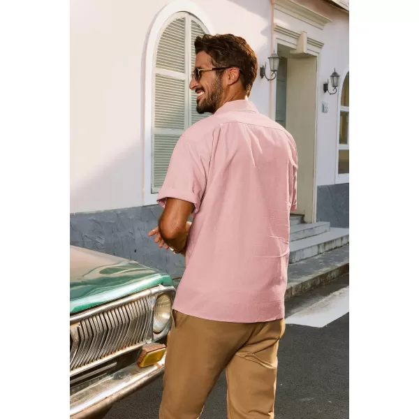 imagePJ PAUL JONES Mens Casual Button Down Shirts Short Sleeve Cotton Shirt Cuban Summer Vacation Shirts with PocketPink