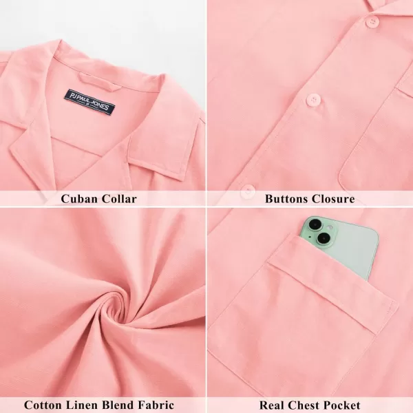 imagePJ PAUL JONES Mens Casual Button Down Shirts Short Sleeve Cotton Shirt Cuban Summer Vacation Shirts with PocketPink