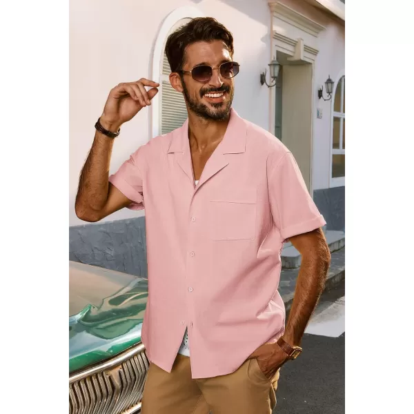imagePJ PAUL JONES Mens Casual Button Down Shirts Short Sleeve Cotton Shirt Cuban Summer Vacation Shirts with PocketPink