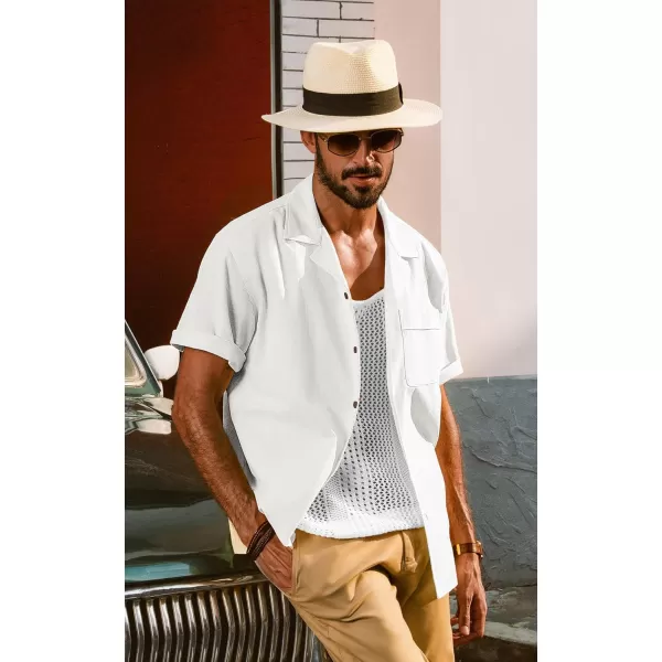 imagePJ PAUL JONES Mens Casual Button Down Shirts Short Sleeve Cotton Shirt Cuban Summer Vacation Shirts with PocketWhite