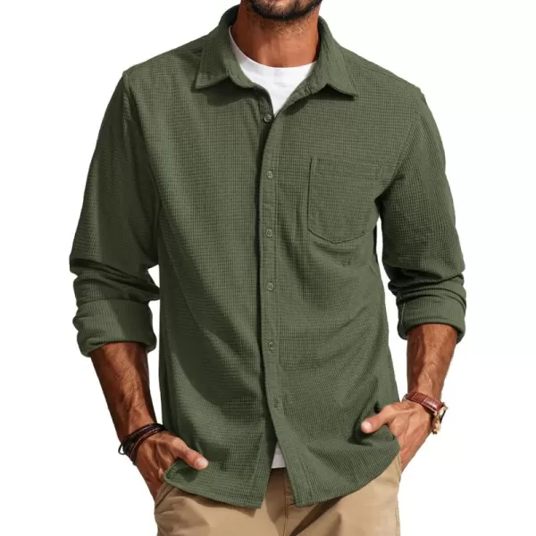 imagePJ PAUL JONES Mens Button Down Shirt Texture Wrinkle Free Shirts Long Sleeve Waffle Untucked ShirtArmy Green