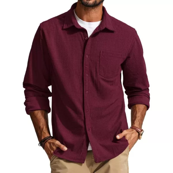 imagePJ PAUL JONES Mens Button Down Shirt Texture Wrinkle Free Shirts Long Sleeve Waffle Untucked ShirtDark Red