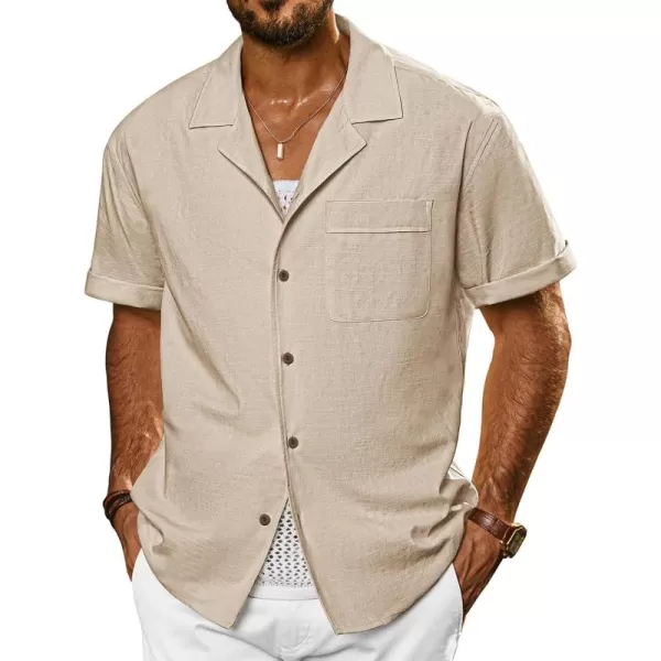 imagePJ PAUL JONES Mens Casual Button Down Shirts Short Sleeve Cotton Shirt Cuban Summer Vacation Shirts with PocketApricot