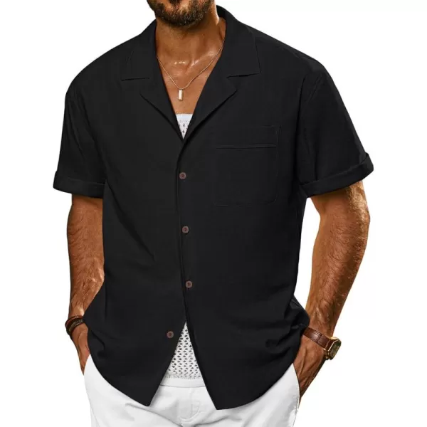 imagePJ PAUL JONES Mens Casual Button Down Shirts Short Sleeve Cotton Shirt Cuban Summer Vacation Shirts with PocketBlack