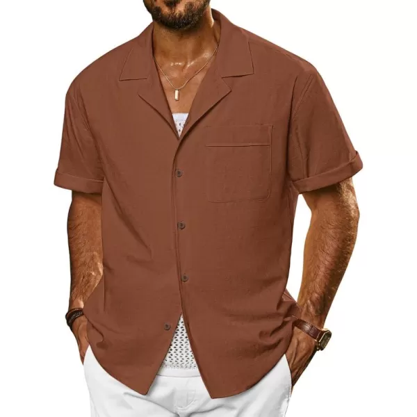 imagePJ PAUL JONES Mens Casual Button Down Shirts Short Sleeve Cotton Shirt Cuban Summer Vacation Shirts with PocketBrown