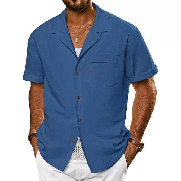 imagePJ PAUL JONES Mens Casual Button Down Shirts Short Sleeve Cotton Shirt Cuban Summer Vacation Shirts with PocketDenim Blue